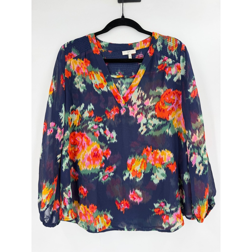Joie Silk Blouse Womens Medium Navy Blue Floral Ikat Smocked V-Neck Boho Chic